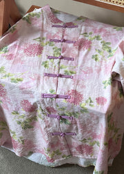 Women Pink Print Chinese Button Cotton Shirts Long Sleeve