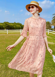 Women Pink Ruffled Embroideried Tie Waist Silk Cinch Dress Half Sleeve