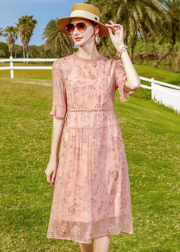 Women Pink Ruffled Embroideried Tie Waist Silk Cinch Dress Half Sleeve