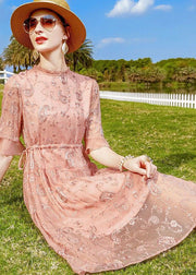 Women Pink Ruffled Embroideried Tie Waist Silk Cinch Dress Half Sleeve