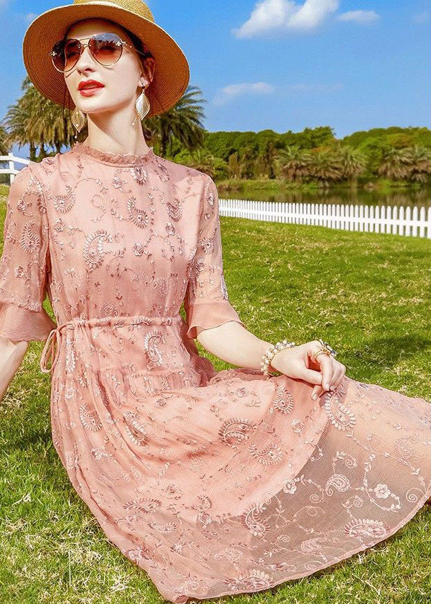 Women Pink Ruffled Embroideried Tie Waist Silk Cinch Dress Half Sleeve