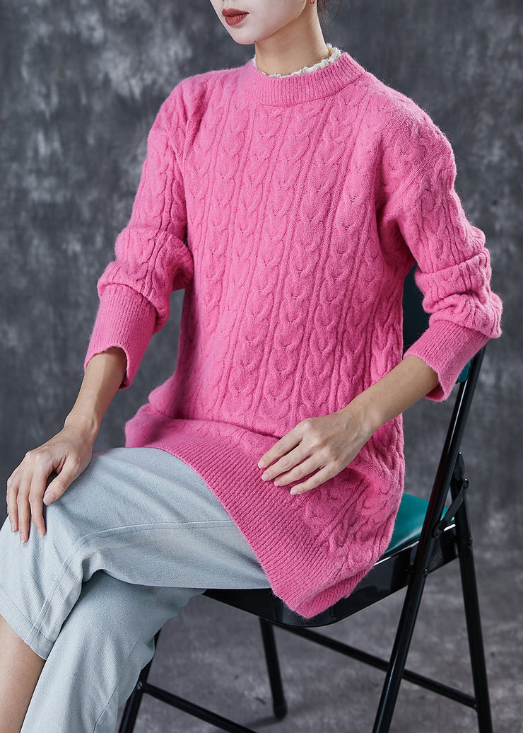 Women Pink Ruffled Patchwork Thick Knit Pullover Winter