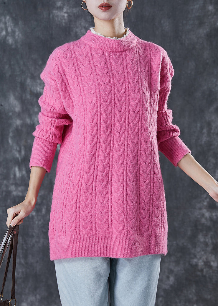 Women Pink Ruffled Patchwork Thick Knit Pullover Winter