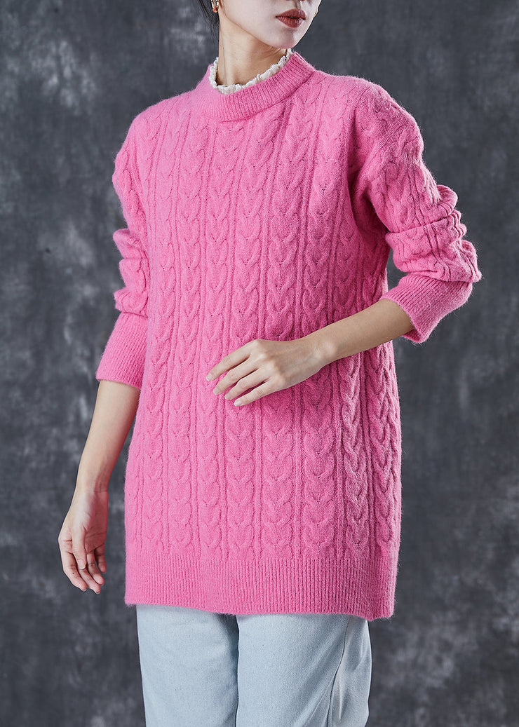 Women Pink Ruffled Patchwork Thick Knit Pullover Winter