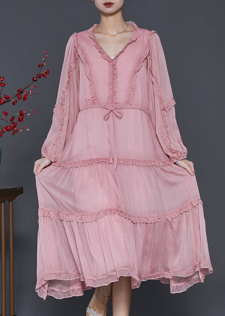 Women Pink Ruffled Tie Waist Chiffon Vacation Dresses Spring