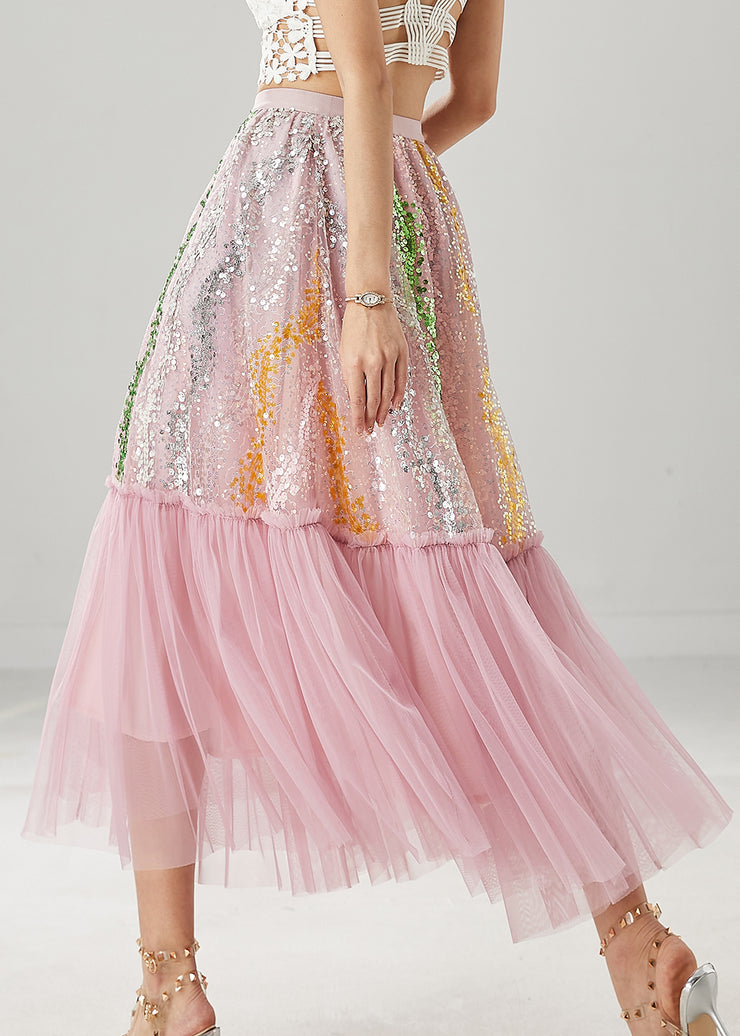 Women Pink Sequins Patchwork Tulle Skirts Spring