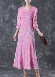 Women Pink Sequins Wrinkled Silk Velour Dress Vestidos Spring