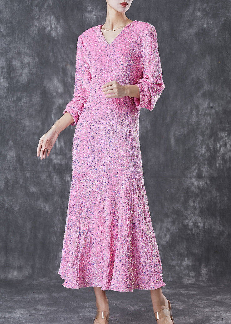 Women Pink Sequins Wrinkled Silk Velour Dress Vestidos Spring