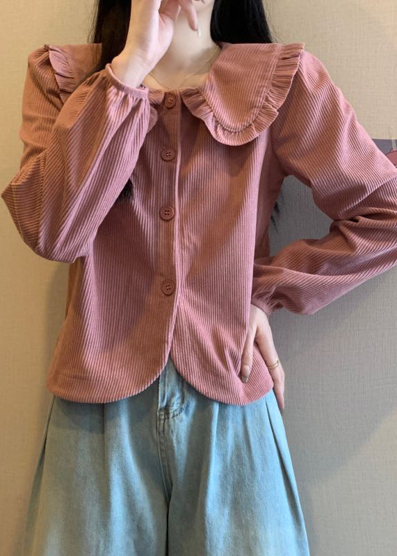 Women Pink Solid Button Corduroy Shirt Long Sleeve