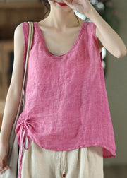 Women Pink Solid V Neck Lace Up Cotton Tank Sleeveless