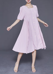 Women Pink Square Collar Tie Waist Pleated Dresses Summer