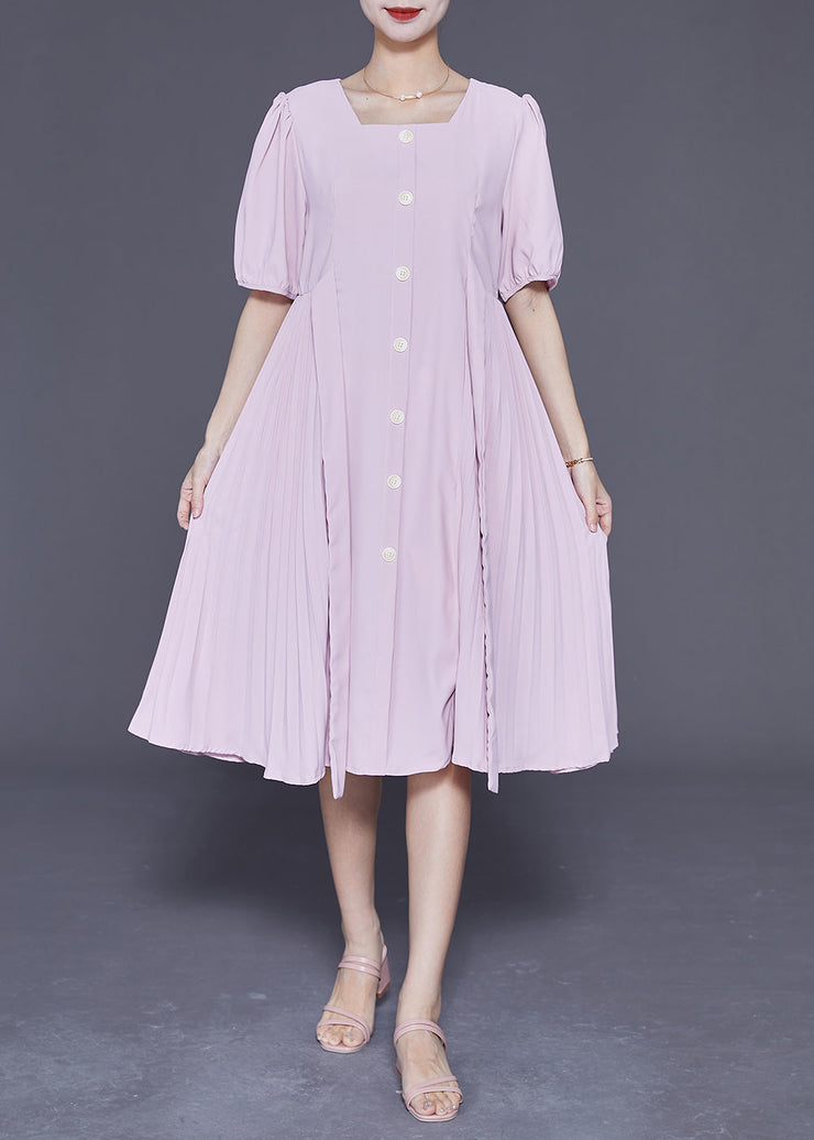 Women Pink Square Collar Tie Waist Pleated Dresses Summer