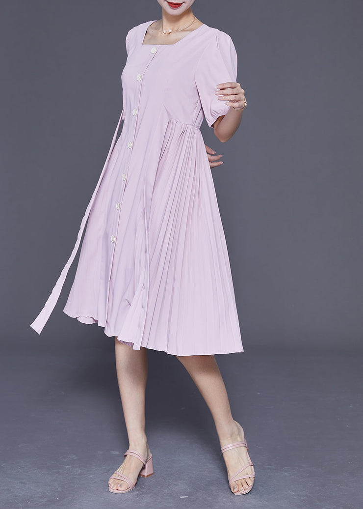 Women Pink Square Collar Tie Waist Pleated Dresses Summer