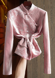 Women Pink Stand Collar Embroideried Sequins Patchwork Cotton Coat Fall