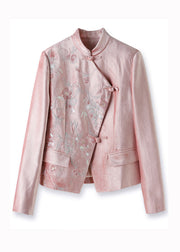 Women Pink Stand Collar Embroideried Sequins Patchwork Cotton Coat Fall