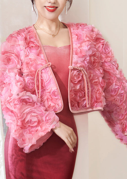 Women Pink Tasseled Floral Patchwork Tulle Coats Fall