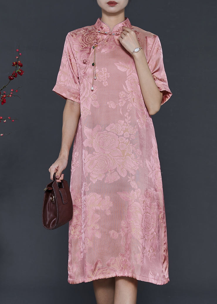 Women Pink Tasseled Jacquard Silk Dresses Summer