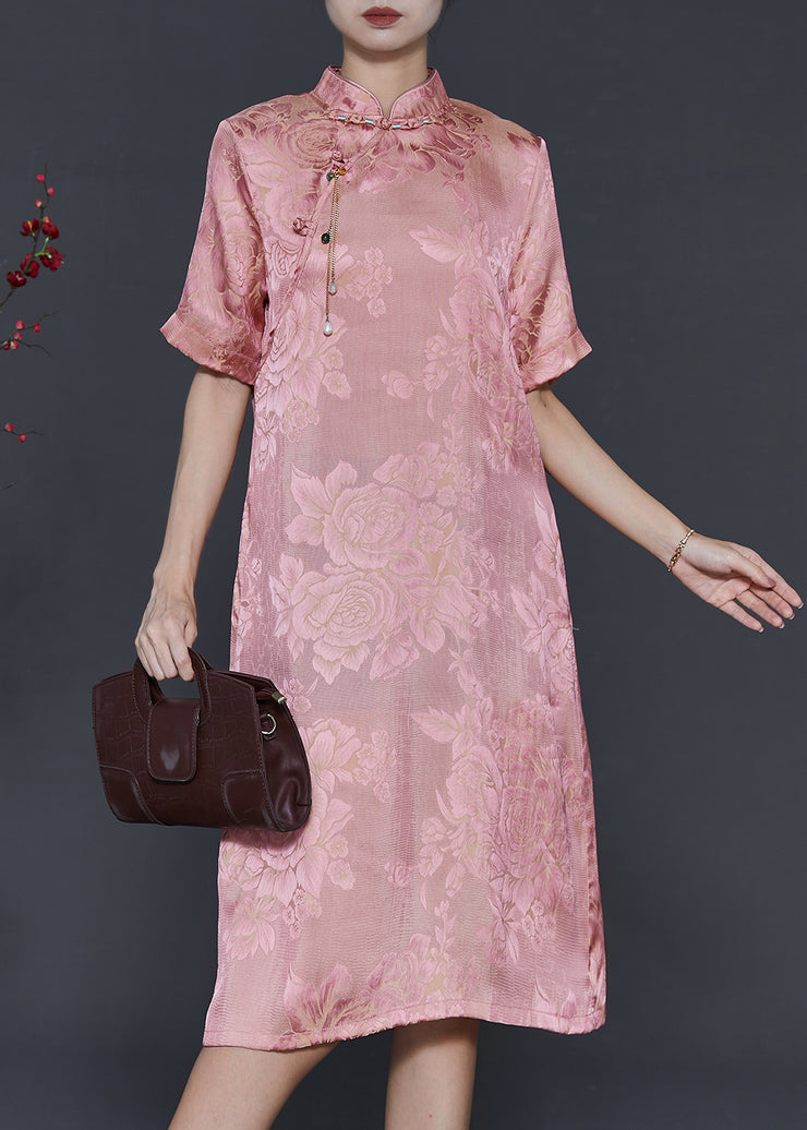 Women Pink Tasseled Jacquard Silk Dresses Summer