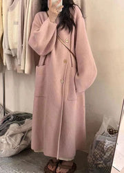 Women Pink Turtleneck Button Pockets Cotton Knit Long Coats Long Sleeve