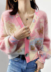 Women Pink V Neck Button Patchwork Cotton Knit Coats Long Sleeve