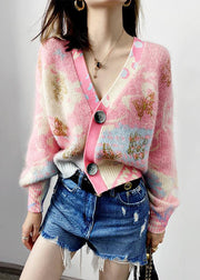 Women Pink V Neck Button Patchwork Cotton Knit Coats Long Sleeve