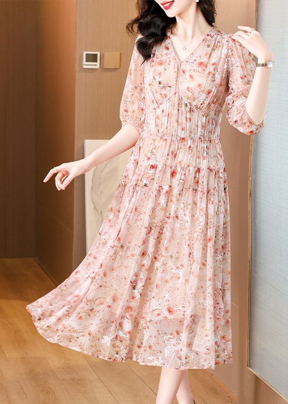 Women Pink V Neck Embroidered Wrinkled Silk Dress Summer