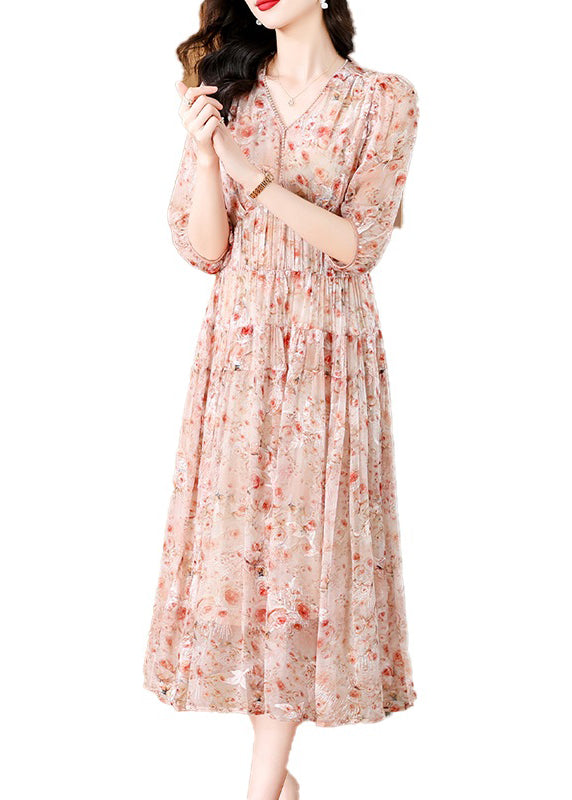 Women Pink V Neck Embroidered Wrinkled Silk Dress Summer