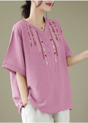 Women Pink V Neck Embroideried Cotton Tops Summer