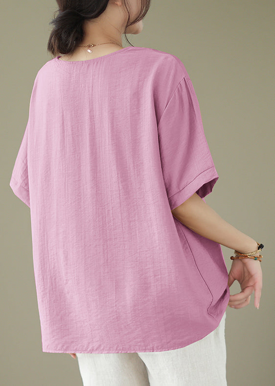 Women Pink V Neck Embroideried Cotton Tops Summer