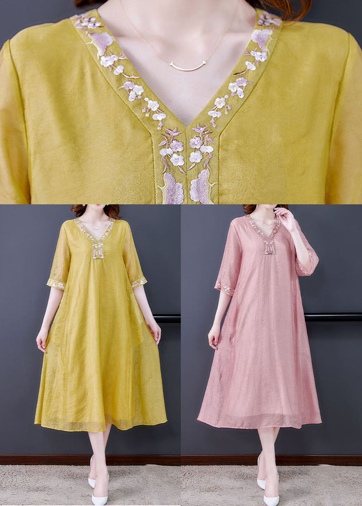 Women Pink V Neck Embroideried Cotton Vacation Dresses Summer