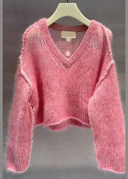 Women Pink V Neck Hollow Out Cotton Knit Sweaters Fall