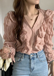 Women Pink V Neck Ruffled Patchwork Chiffon Blouses Spring