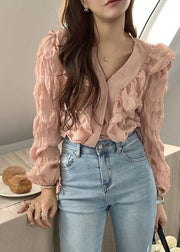 Women Pink V Neck Ruffled Patchwork Chiffon Blouses Spring