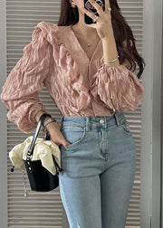 Women Pink V Neck Ruffled Patchwork Chiffon Blouses Spring