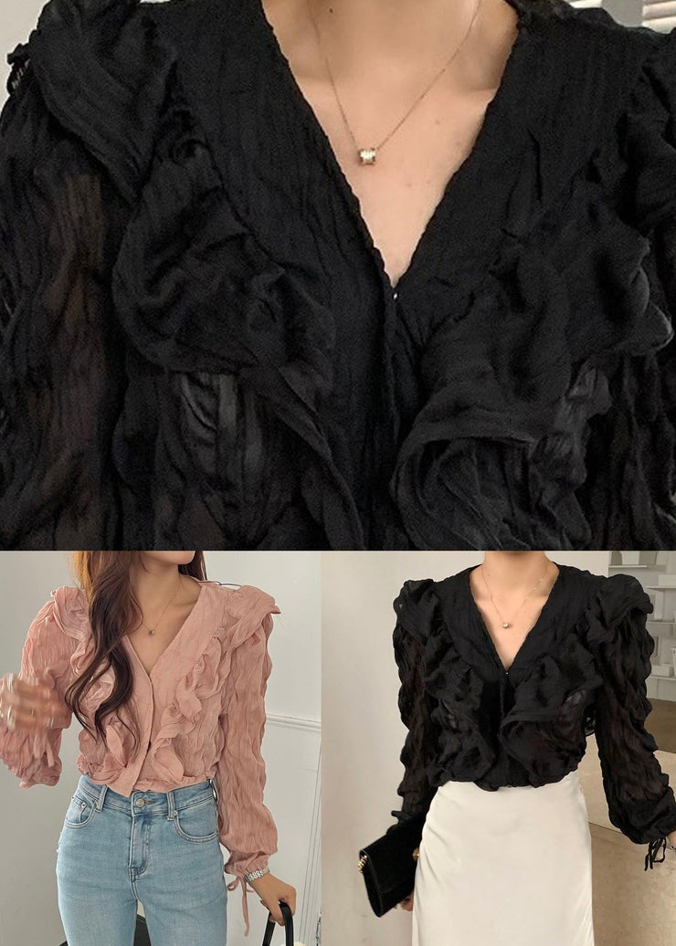 Women Pink V Neck Ruffled Patchwork Chiffon Blouses Spring