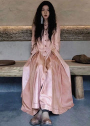 Women Pink Wrinkled Pockets Cotton Shirts Long Dresses Fall