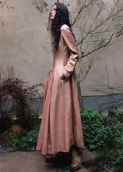 Women Pink Wrinkled Pockets Cotton Shirts Long Dresses Fall