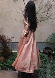 Women Pink Wrinkled Pockets Cotton Shirts Long Dresses Fall