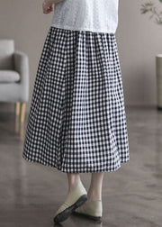 Women Plaid Wrinkled Pockets Patchwork Cotton Skirts Summer