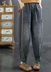 Women Plus Size Blue Pockets Patchwork Denim Pants Fall