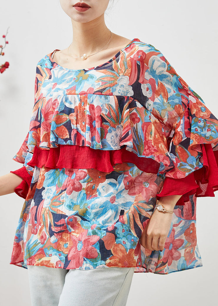 Women Print Patchwork Ruffles Chiffon Blouses Spring