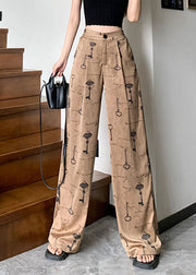 Women Print Pockets High Waist Satin Wide Leg Pants Spring