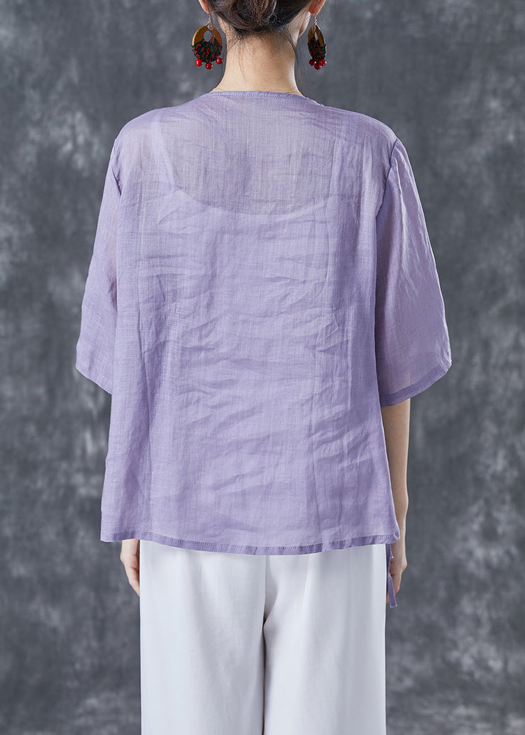 Women Purple Asymmetrical Chinese Button Linen Blouse Tops Summer