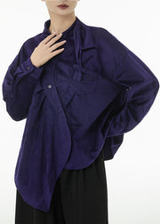 Women Purple Asymmetrical Design Silk Velour Shirt Top Spring