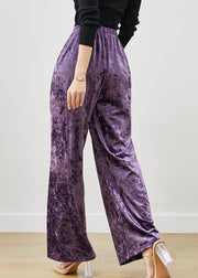 Women Purple Elastic Waist Silk Velvet Straight Pants Spring