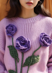 Women Purple Floral Hollow Out Knit Sweaters Winter