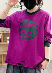 Women Purple Hole Print Cotton Tops Long Sleeve