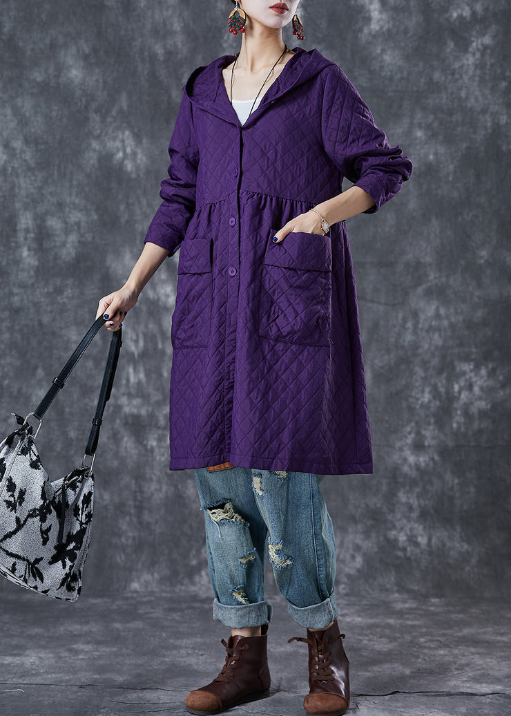 Women Purple Hooded Pockets Cotton Tench Coats Fall