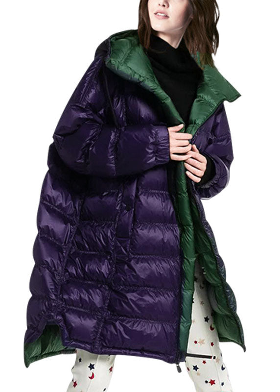 Women Purple Hooded Zippered Duck Down Puffer Coat Winter