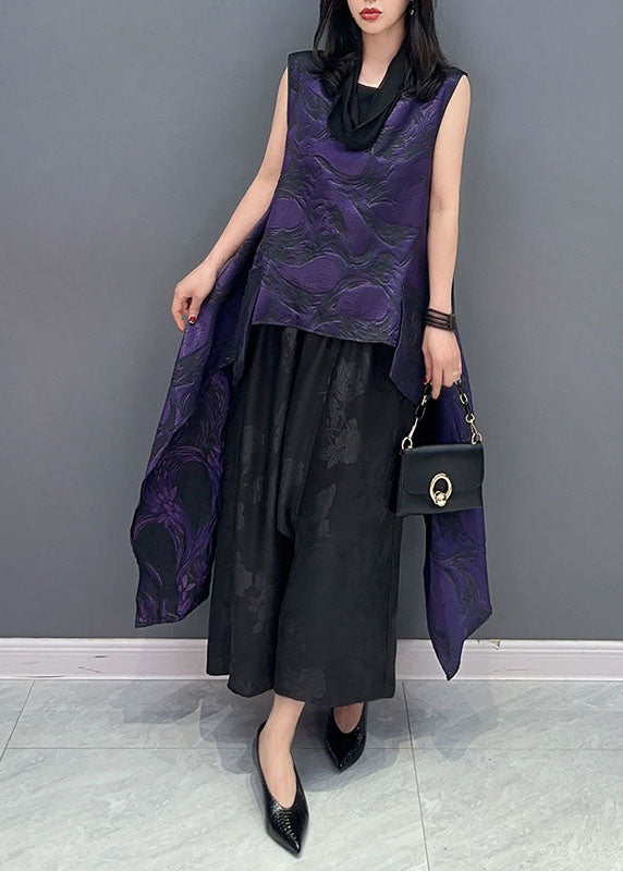 Women Purple Jacquard Asymmetrical Patchwork Cotton Tops Sleeveless